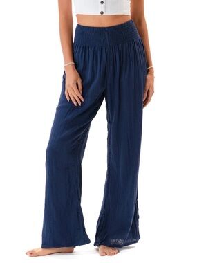 Lotus & Luna Navy Blue Wide Leg Smocked Waist Pants NWT Size Large